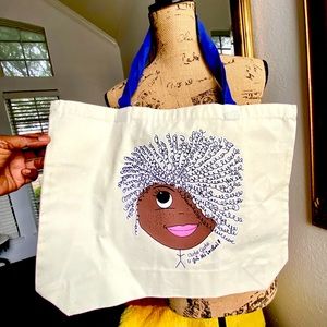 New Signature Curlie Gurlie Tote bag with blue straps. Washable and reusable.